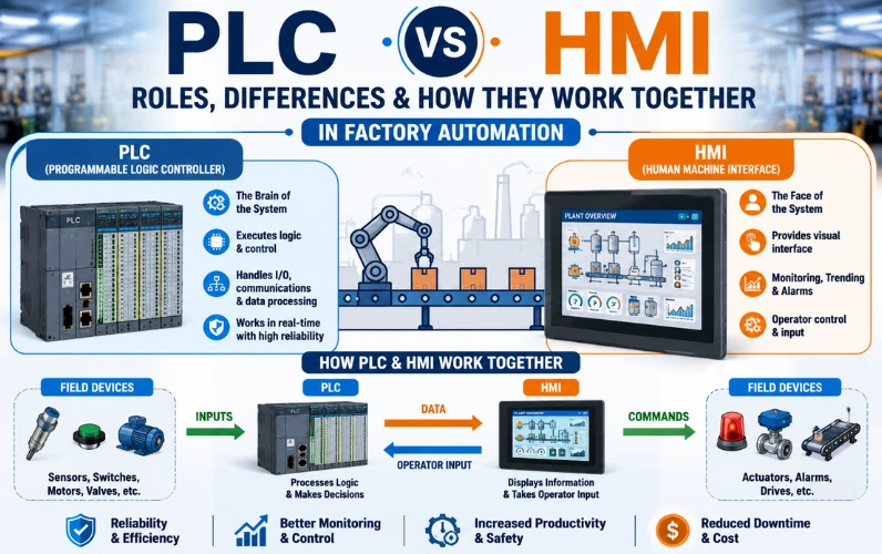 PLC vs HMI: Roles, Differences & How They Work Together in Factory Automation